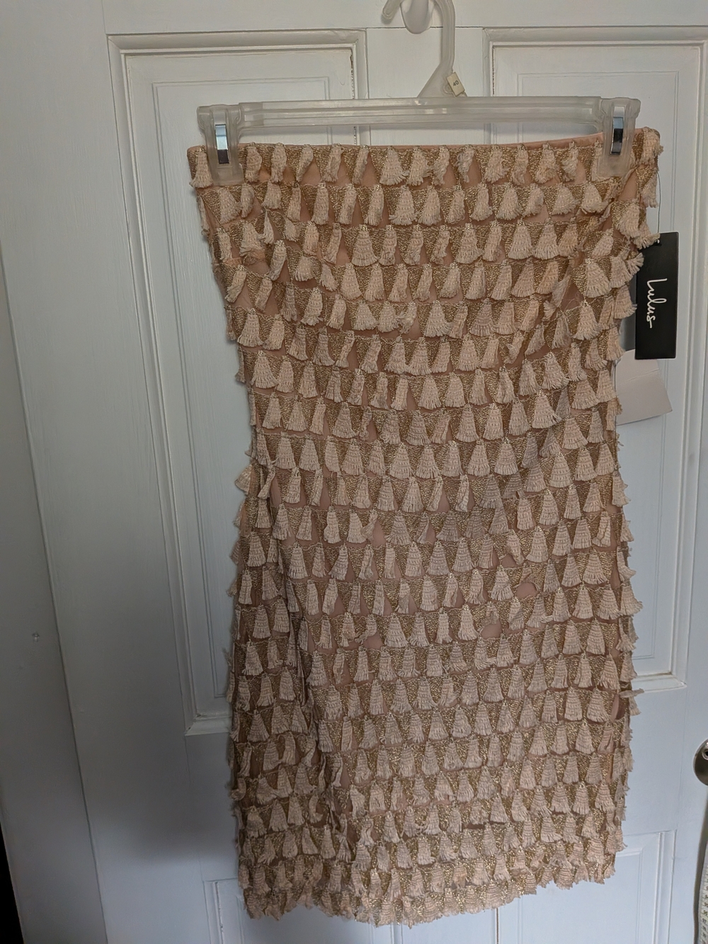 Lulus NWT Small Blush Gold Tassel Fringe Embroidered Pencil Midi Skirt Party